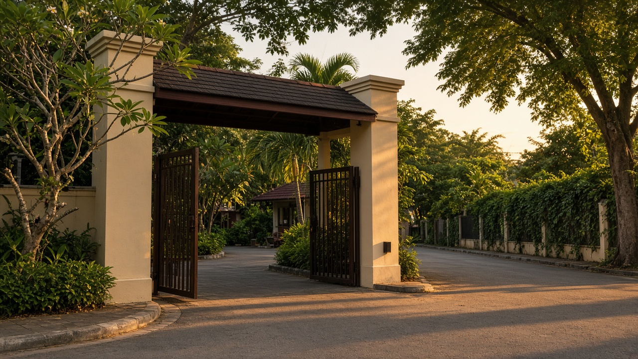 Gerbang utama Mangunsari Residence pada sore hari, di antara pohon rindang.